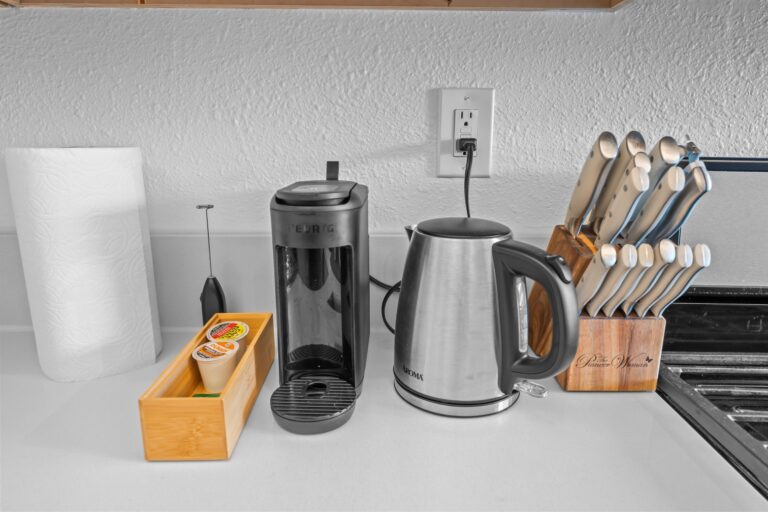 Casa Brisa kitchen counter with coffee maker and kettle