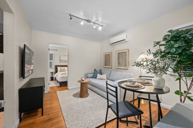 Casa Luna bright living room with 50-inch smart TV
