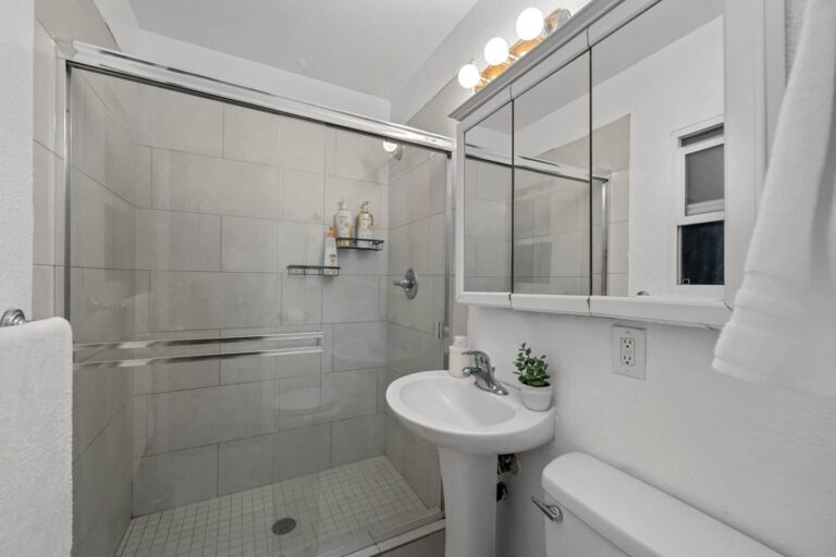 Casa Palma bathroom with tiled shower and new vanity