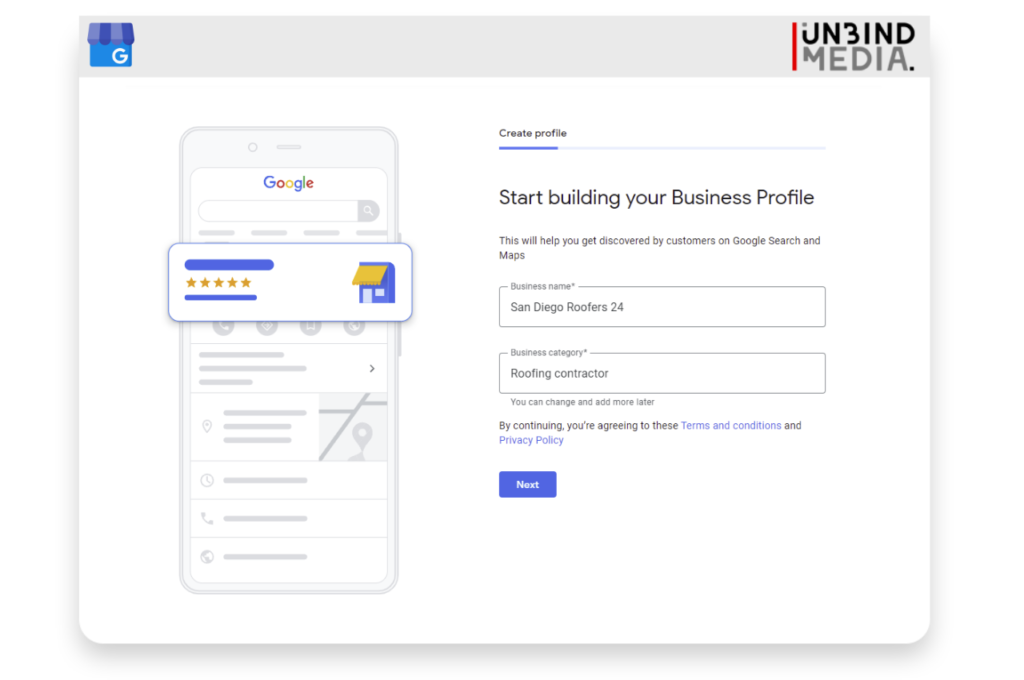 GMB example, enter your roofing business name and choose your business category