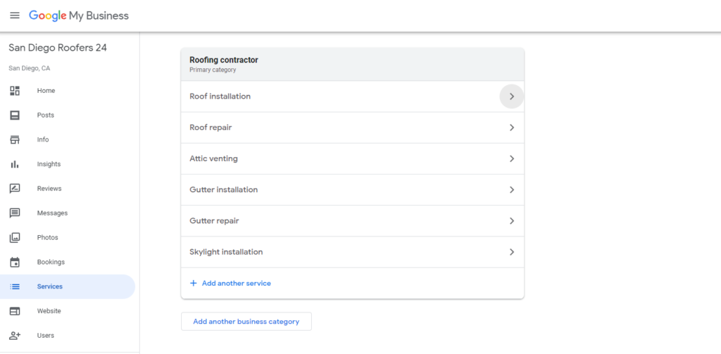 Google My Business for roofers, services section