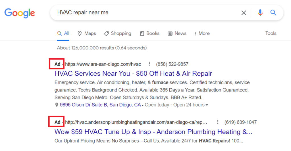 Google ads HVAC example  