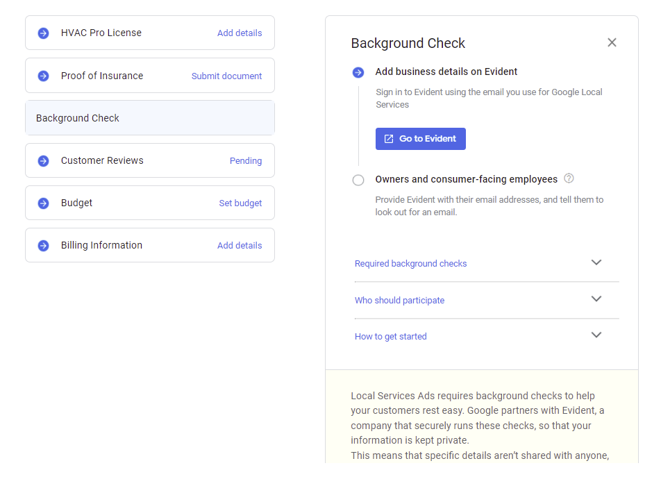 LSA Add Your Business Details for a Background Check