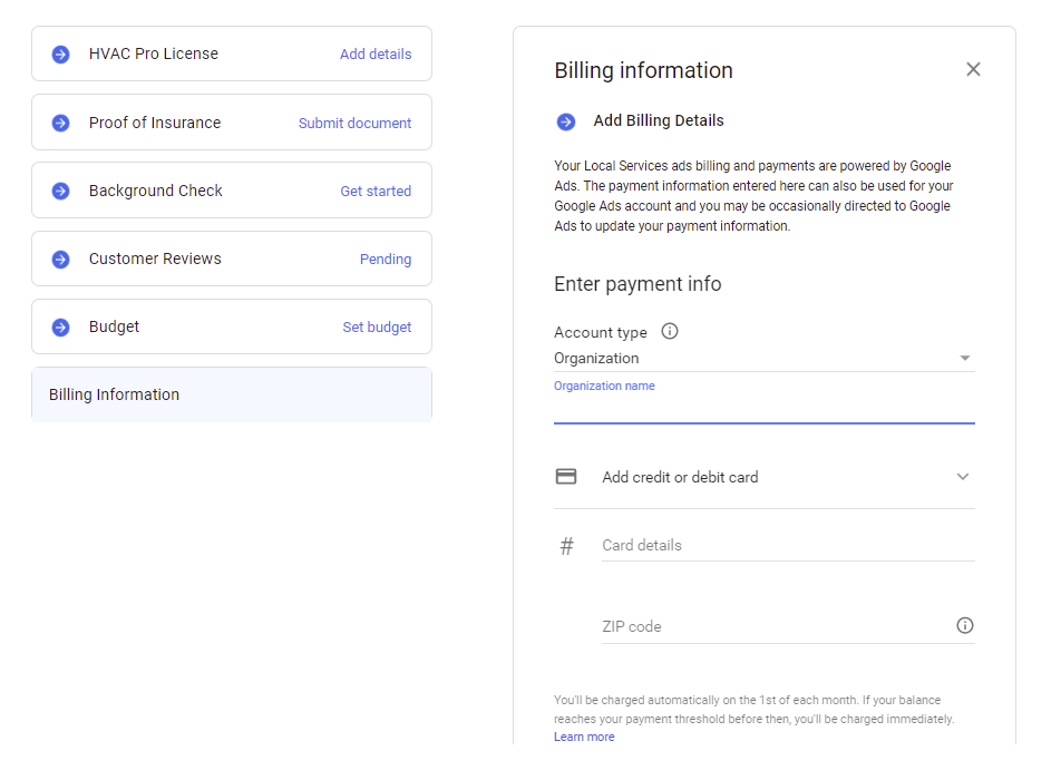 LSA Add Your Billing Details