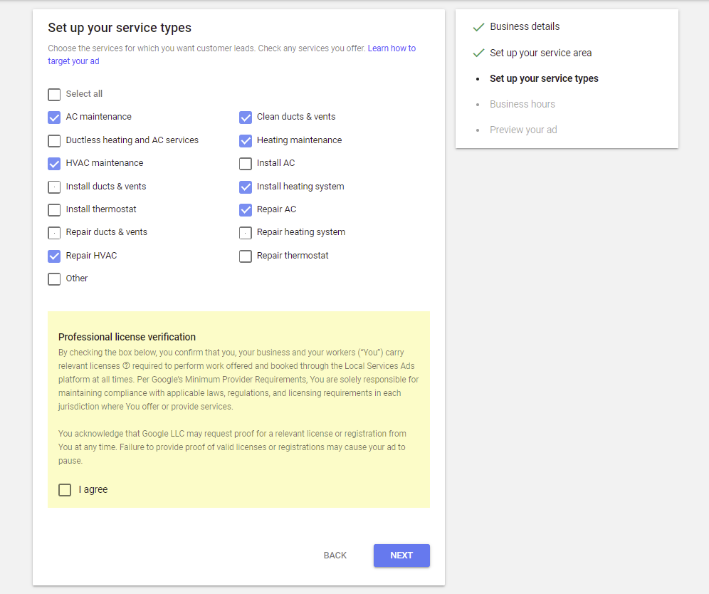 LSA Set Up Your Service Types